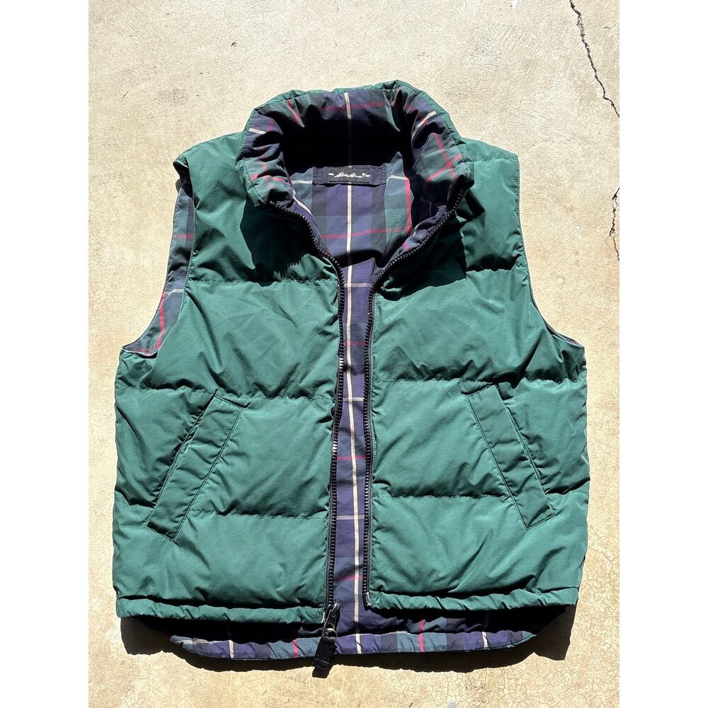Vintage 90s Eddie Bauer Reversible goose Down Puffer  Vest Men’s S Green Plaid - Picture 2 of 6